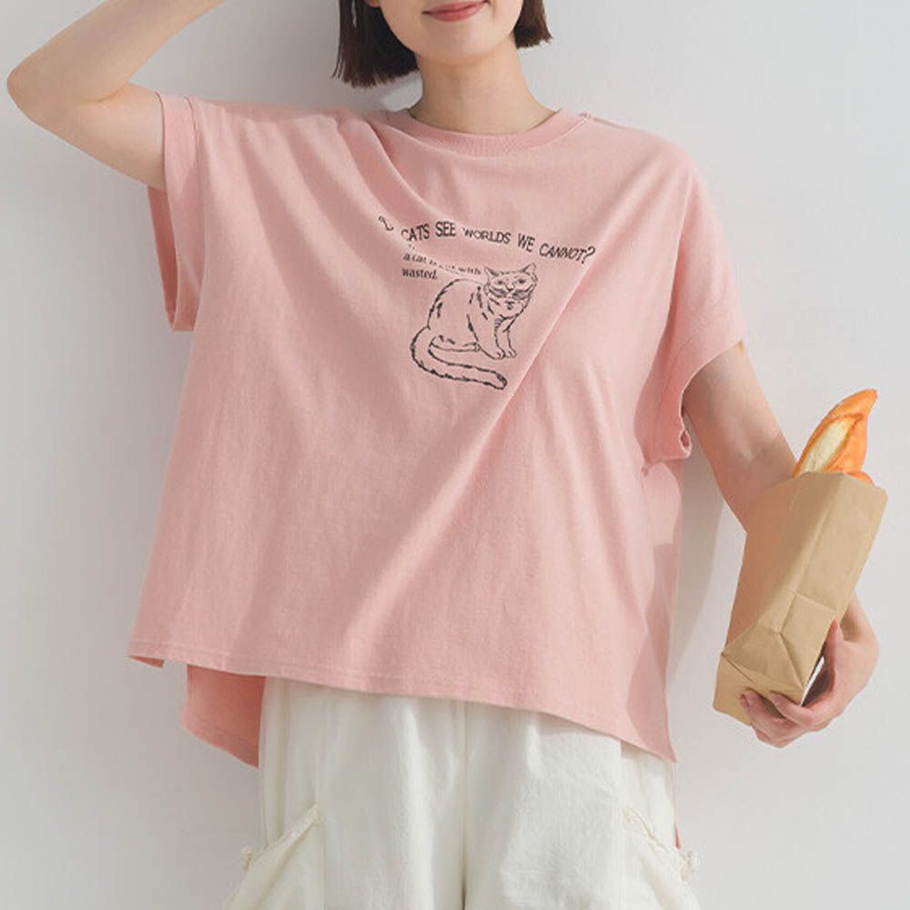 16OE天竺棉 貓咪印花短袖上衣-粉紅
