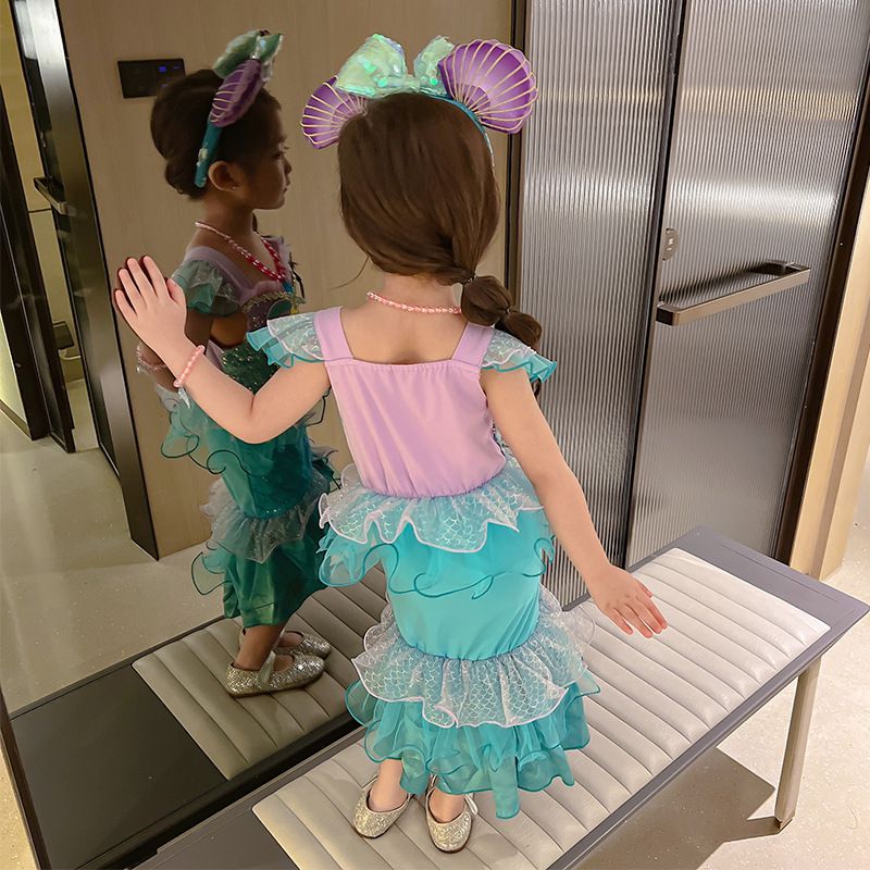 無袖造型萌萌連身公主裙-卡通人物-美人魚-藍綠+紫