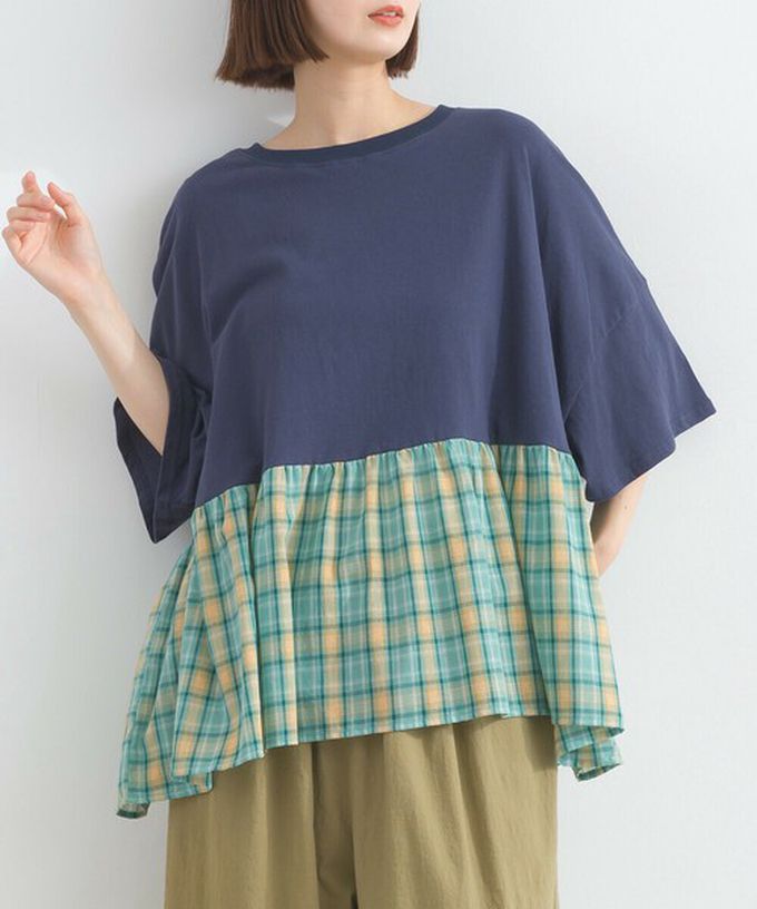 日本 Lupilien - 接觸涼感 可愛格紋休閒五分袖上衣-藍綠