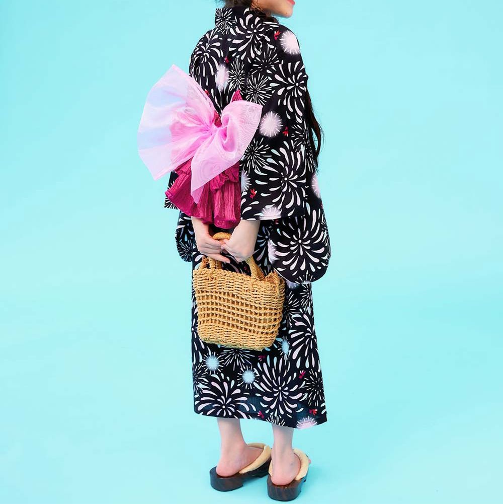 純棉方便穿套頭式夏日夢幻浴衣(2件組)-金魚花火-黑x粉紅