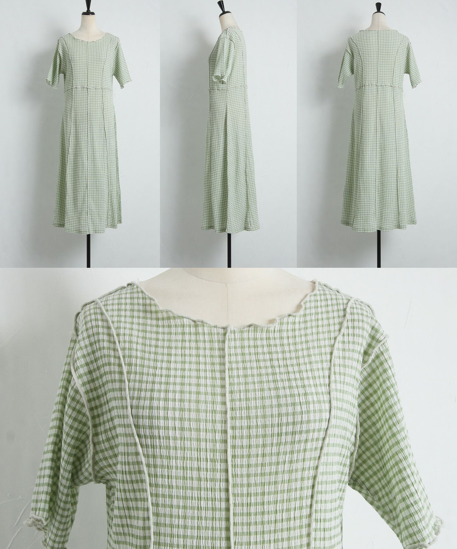 日本 tocco-closet - 修身線條五分袖洋裝-格紋-薄荷