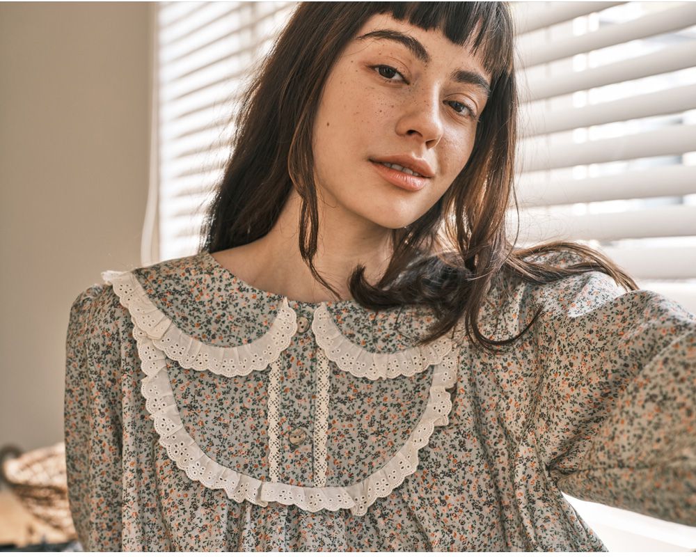 韓國 ULLALA - 浪漫碎花純棉長袖睡衣-(洋裝式)-薄荷綠 (FREE)