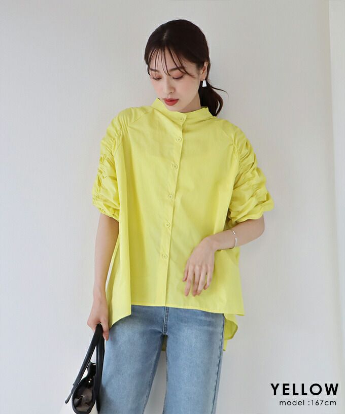 日本 BLUE EAST - 優雅小立領抓皺五分袖襯衫-水藍