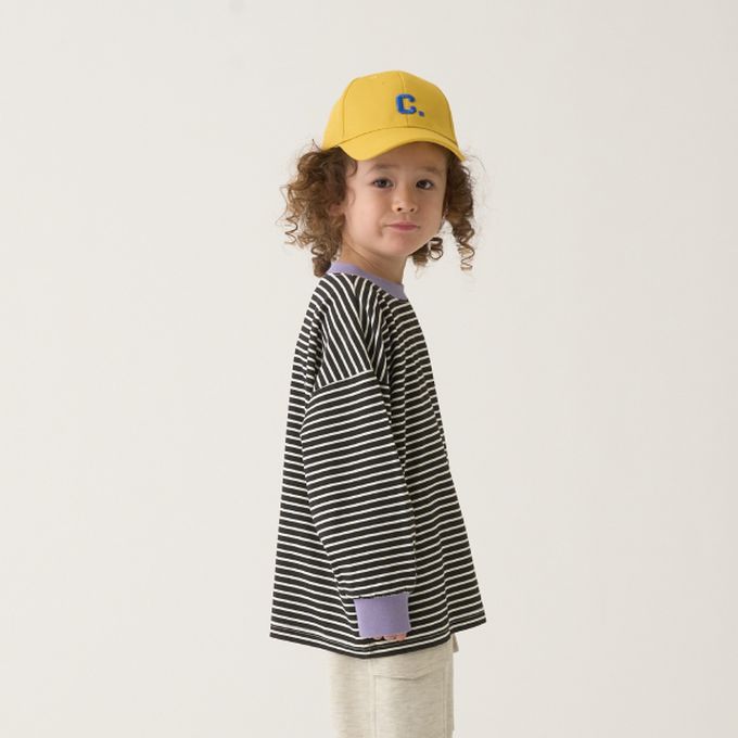 日本 b-ROOM - 不易變形定番條紋長袖上衣-卡其x深藍