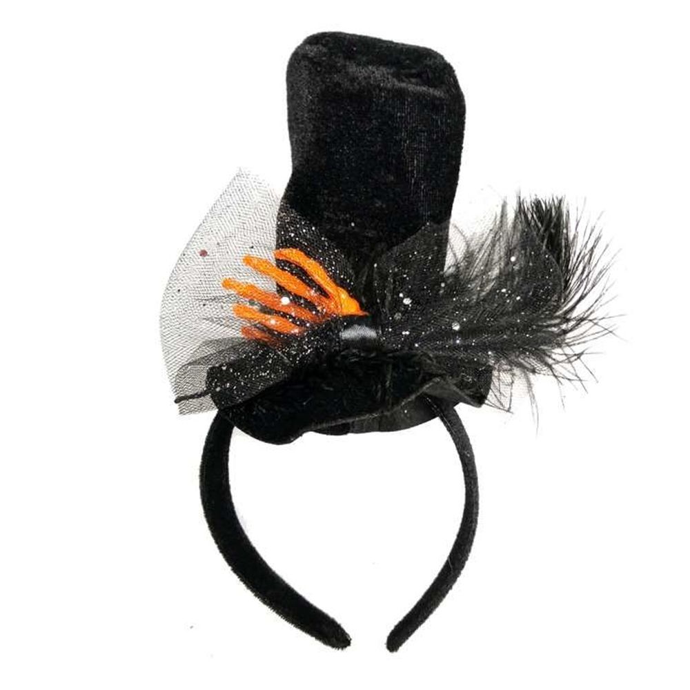 MODACore 摩達客 - 萬聖節派對頭飾-手工黑橘鬼手羽毛高帽造型髮箍 (總高：22CM寬：15CM頭頂飾品高：10CM)-單入