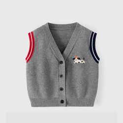BABUYU - 純棉V領百搭針織背心-英倫風小狗-深灰色