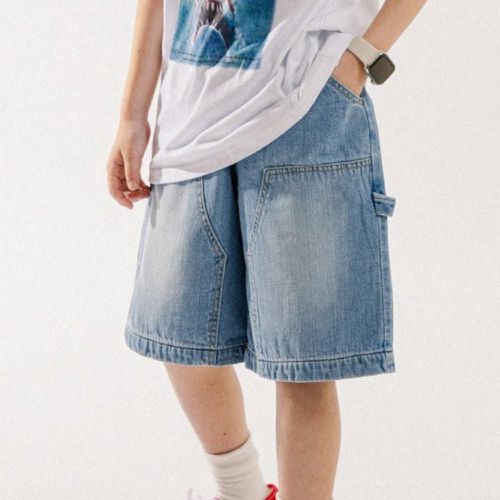 韓國 BUCKET LIST - 鬆緊腰拼貼感丹寧五分褲-淺藍