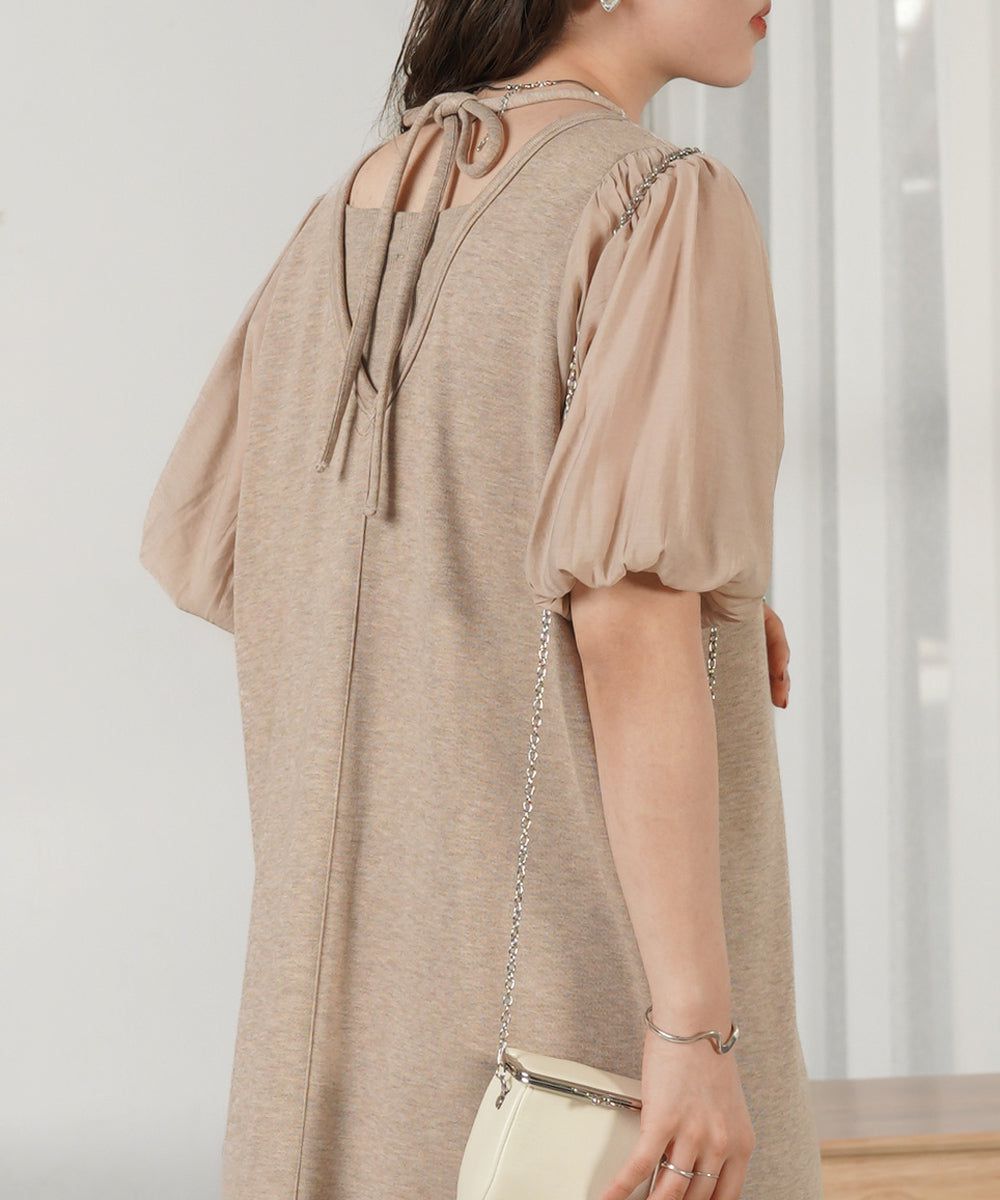 日本 Bab - 優雅綁帶V領泡泡袖洋裝-淺摩卡