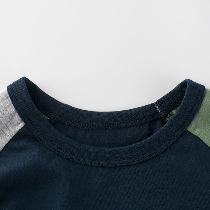 短袖棉T-拼色+小恐龍-灰+深藍+綠