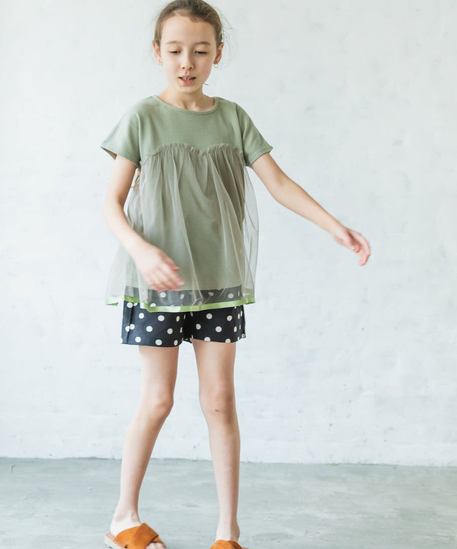 日本 PAIRMANON - 蝴蝶結綁帶短褲-碎花-摩卡薄荷