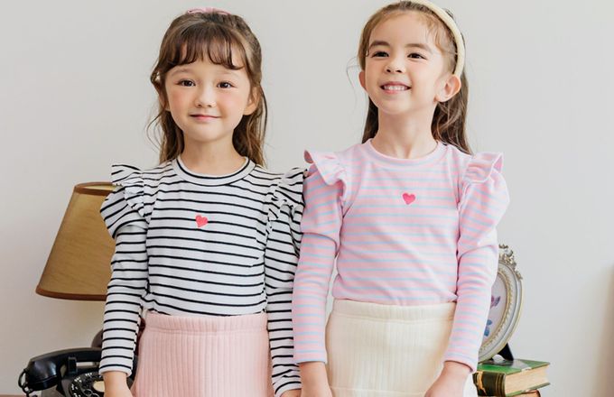 韓國 Bebezoo - 條紋拉絨波浪裝飾長袖上衣-粉X藍