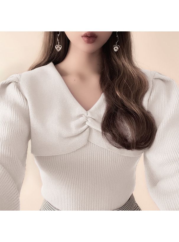 日本 GRL - 甜美V領抓皺羅紋彈性針織上衣-白