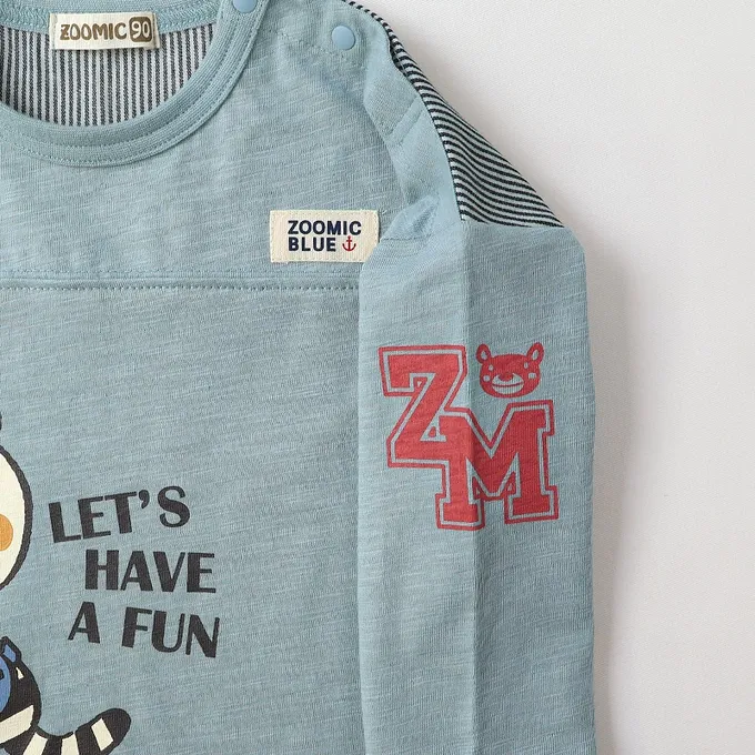 日本 ZOOLAND - 春季拼接風長袖上衣-滑板車小熊-黃