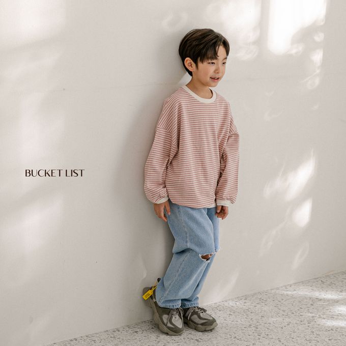 韓國 BUCKET LIST - 寬鬆橫紋大落肩長袖大學T-湖水綠