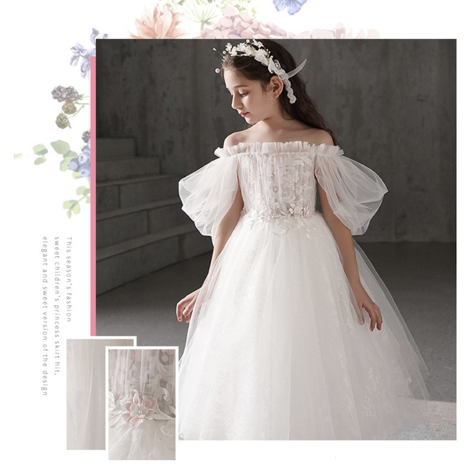 love, charlotte - 一字領立體花蓬蓬白紗氣質長裙禮服-白色