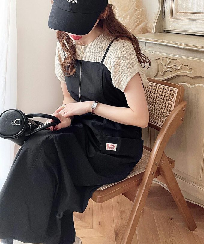 日本 Classical Elf - Java 休閒感抽繩口袋吊帶裙-淺卡其