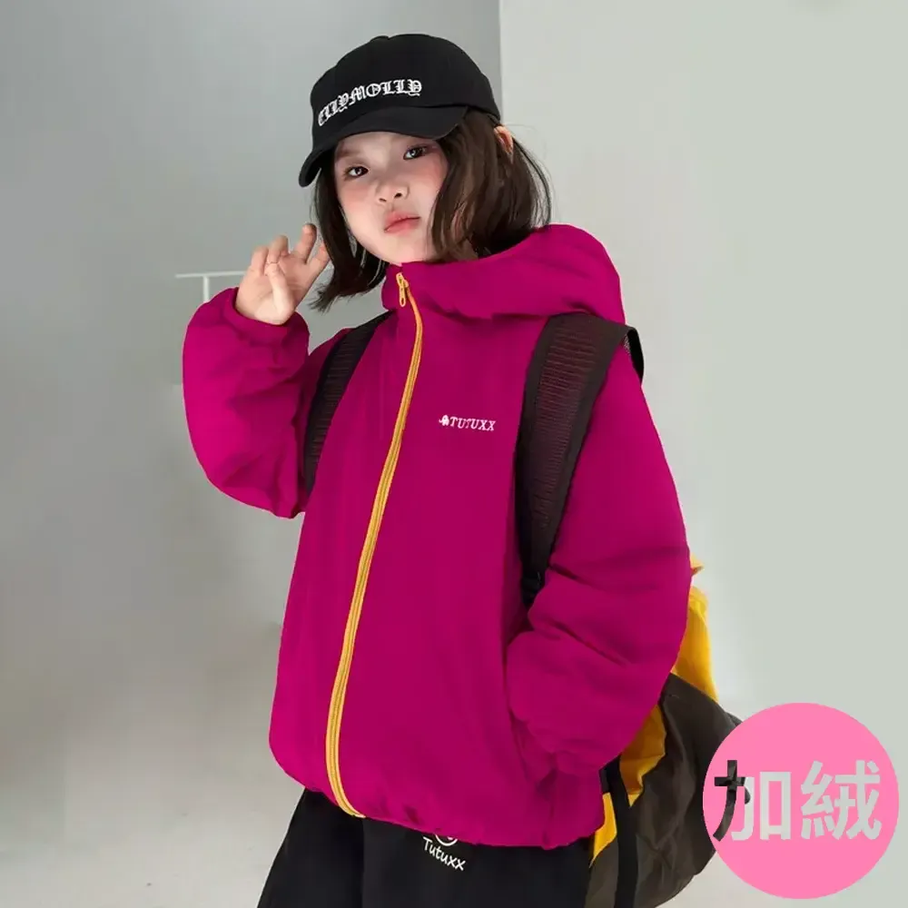 加絨保暖連帽防風外套-莓果紅