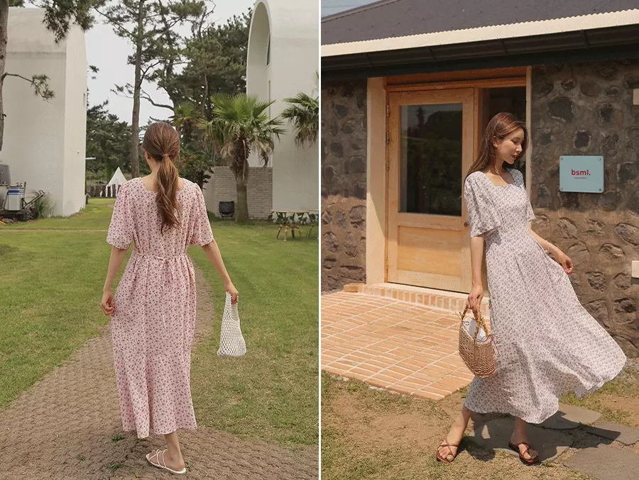 韓國 Urbantheroom - 滿版花朵ㄩ領收腰長洋裝-紫花 (Free)