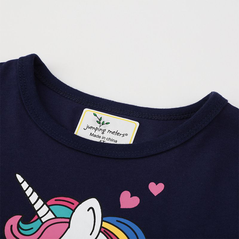 Jumping meters - 棉質圓領長袖連身網紗洋裝-獨角獸與繽紛愛心-深藍色