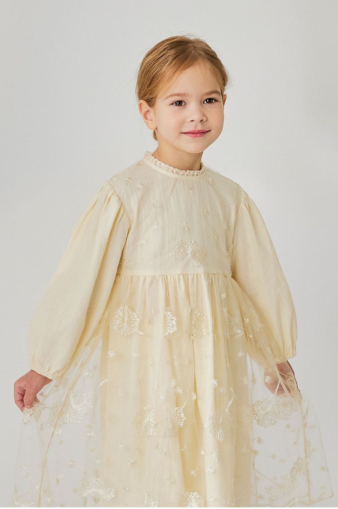 韓國 OZKIZ - 蒲公英繡拼接網紗連身洋裝-米