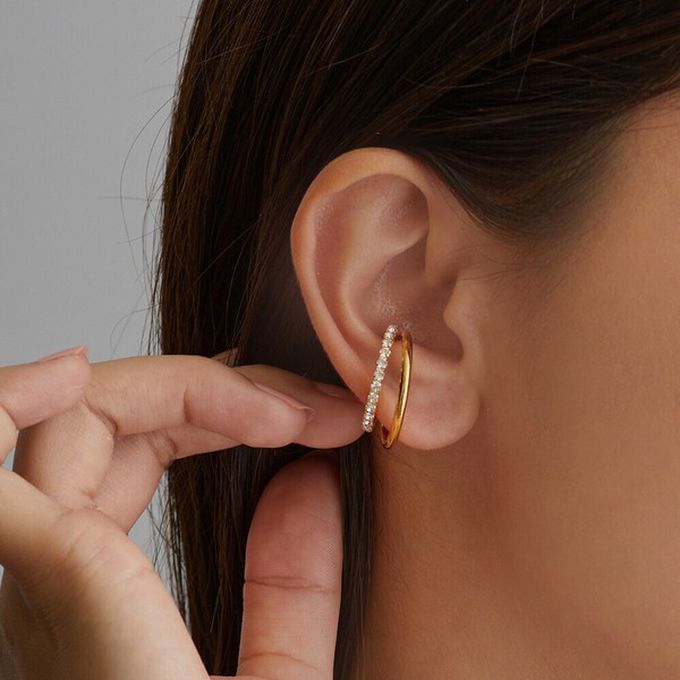 日本 Melody Accessory - 日本製 成熟感水鑽交錯線條耳骨夾-金