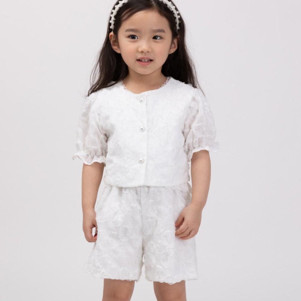 韓國 Coco Bang - (兩件式)立體花朵公主袖短褲套裝-白