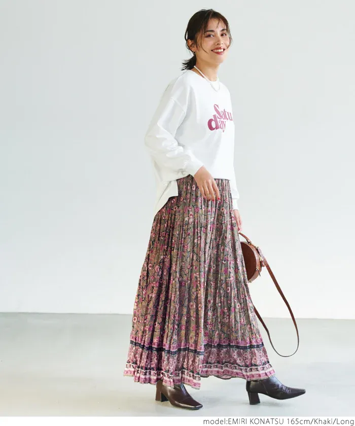 日本 COCA - 100%棉 春日優雅碎花長裙-大人-軍綠x粉紫