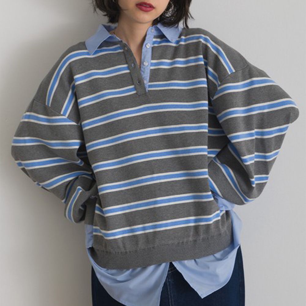 假二件襯衫領輕盈落肩長袖上衣-藍灰條紋