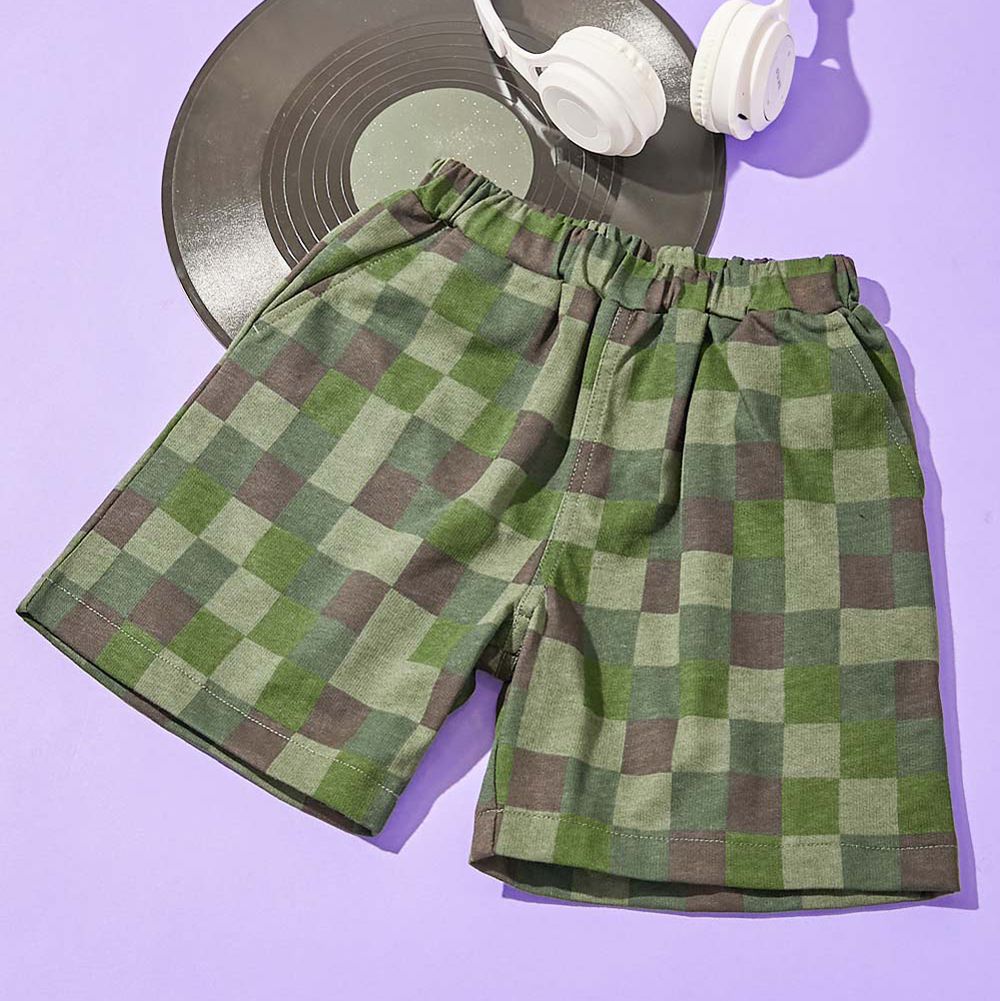 夏日印花純棉寬版短褲-格子迷彩-軍綠