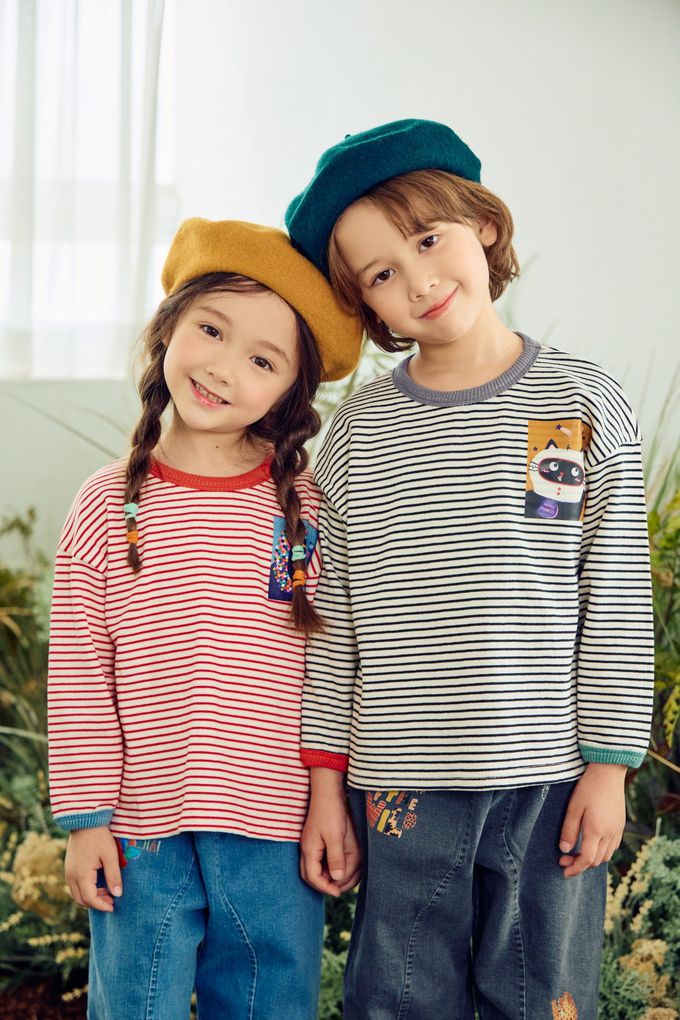 韓國 Mimico - 胸前童趣動物印橫紋長袖上衣-黑