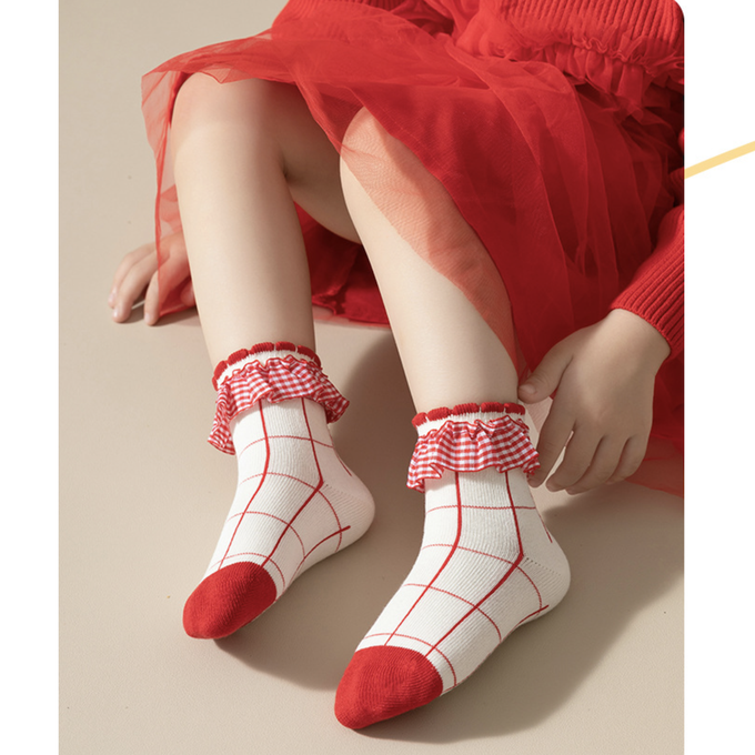 love, charlotte - 秋冬紅色卡通小熊可愛中筒棉襪-5 雙一組