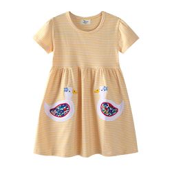 Jumping meters - 棉質圓領短袖洋裝-小花鴨鴨-黃色條紋