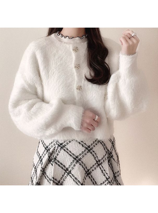 日本 GRL - 花朵珍珠釦毛絨外套-奶茶灰 (F)