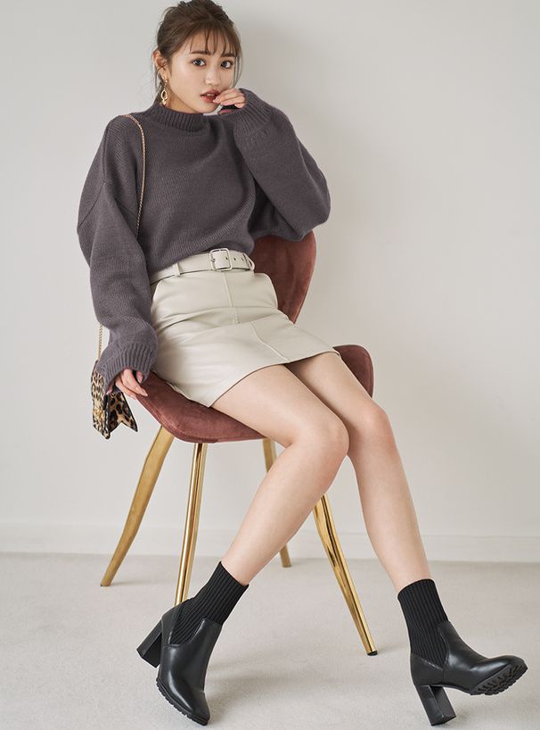 日本 GRL - 微立領顯瘦落肩針織毛衣-象牙杏 (F)