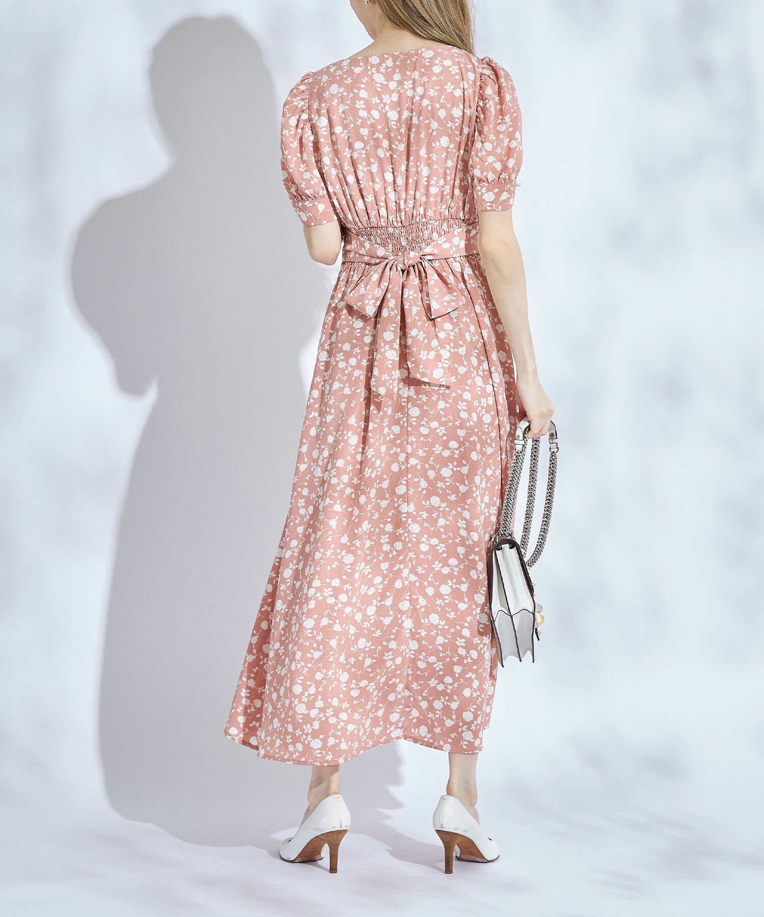 日本 tocco-closet - 愛心領泡泡袖雪紡洋裝-典雅玫瑰-鮭魚粉