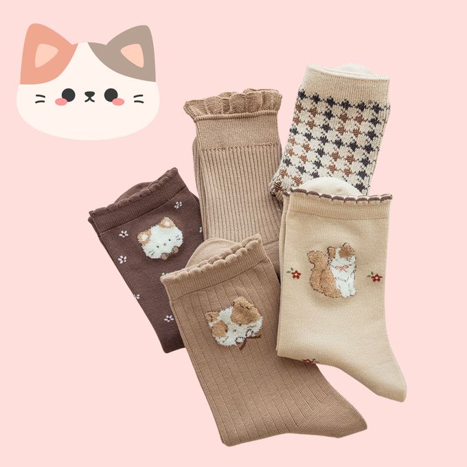 卡其毛毛花貓千鳥格中筒棉襪