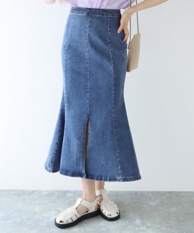 日本 BLUE EAST - 質感丹寧修身魚尾裙-深藍