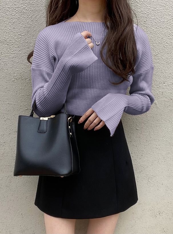 日本 GRL - 袖口剪裁船領羅紋長袖上衣-春芽綠