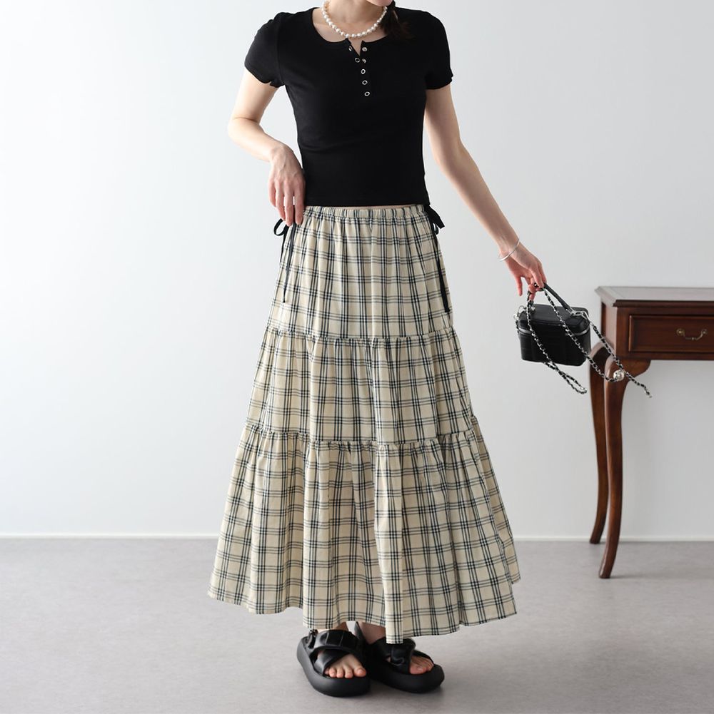 清新格紋側綁帶飄逸分層長裙-卡其杏 (M)