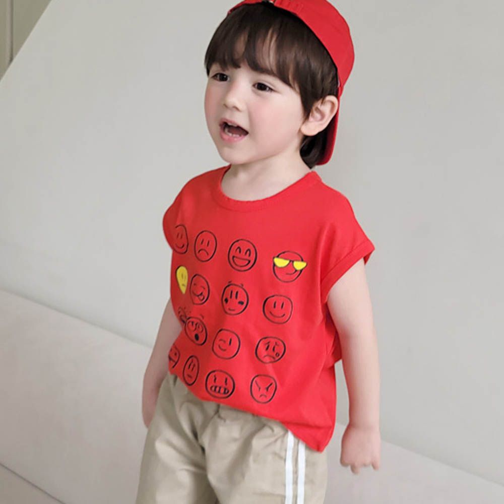 圓形臉孔印落肩上衣-紅