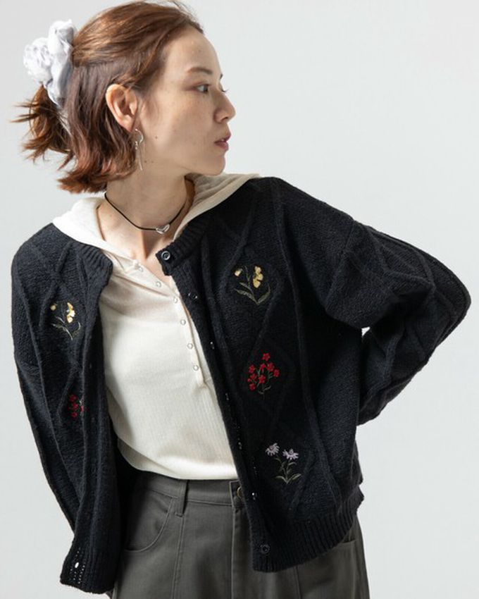 日本 gleam - 文藝風小花刺繡立體針織開襟衫-灰