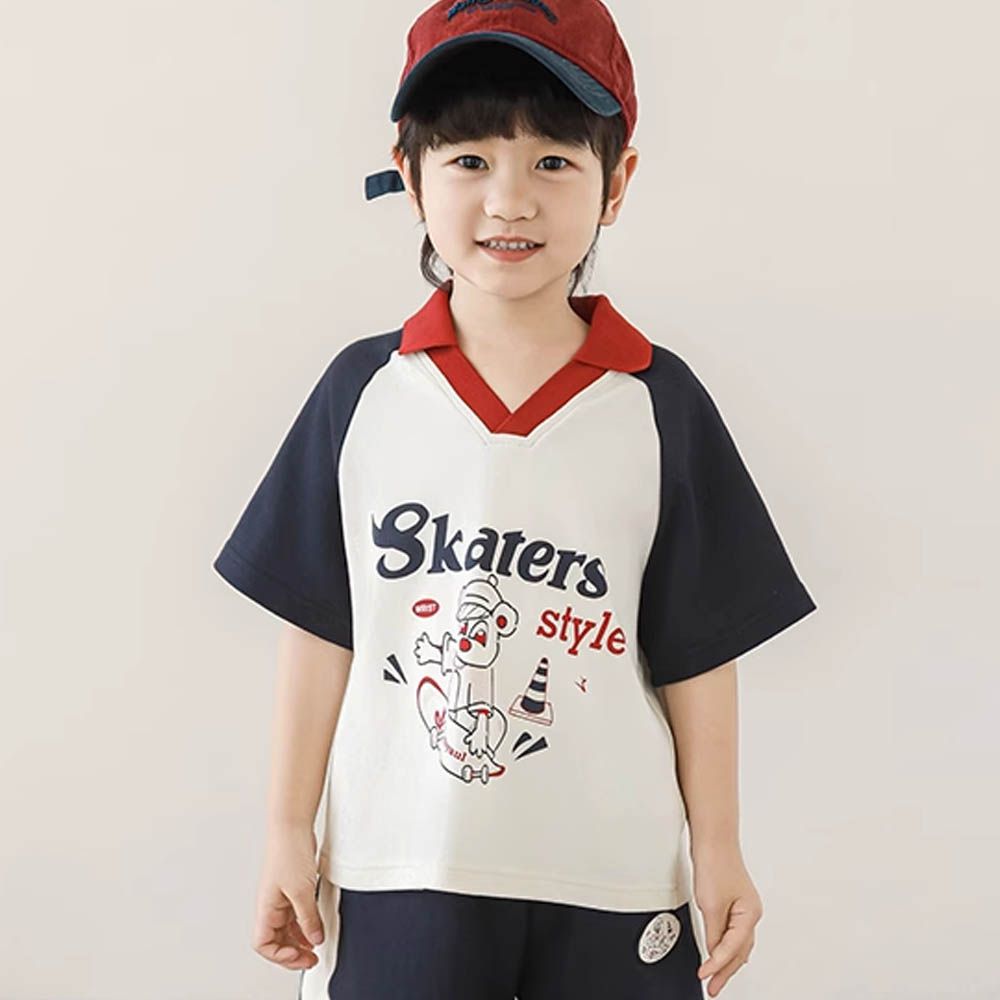 純棉撞色翻領短袖上衣-老鼠-拼袖藏青