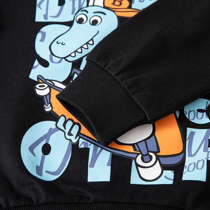 純棉圓領長袖上衣/大學T-嘻哈滑板恐龍-黑色