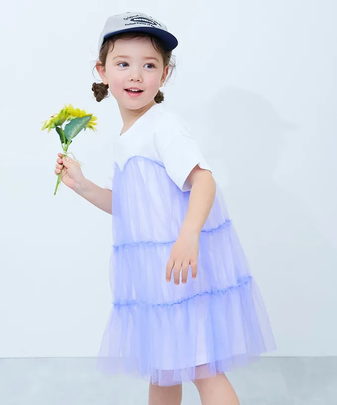 日本 devirock - 柔軟薄紗拼接甜美短袖洋裝-黑