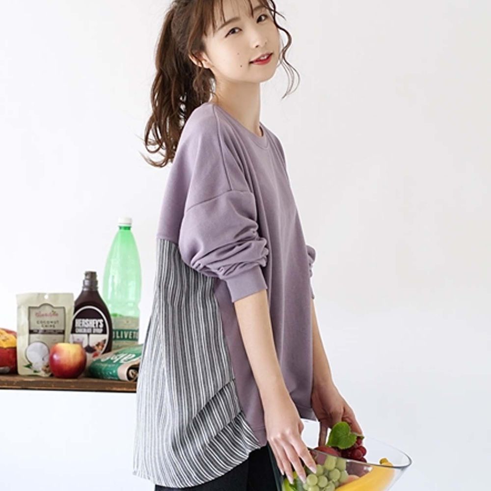 日本 zootie - 背面直條紋拼接長袖上衣-淺紫 (Free)
