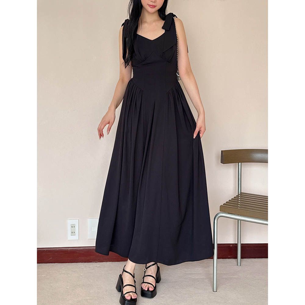 華麗肩蝴蝶結顯瘦腰無袖洋裝-黑