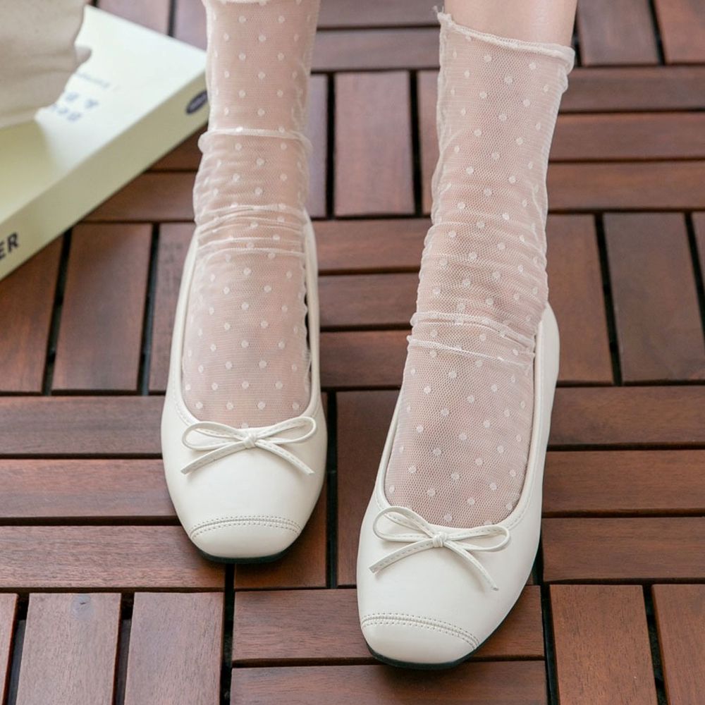 可愛蝴蝶結方頭矮跟鞋(3cm)-象牙白