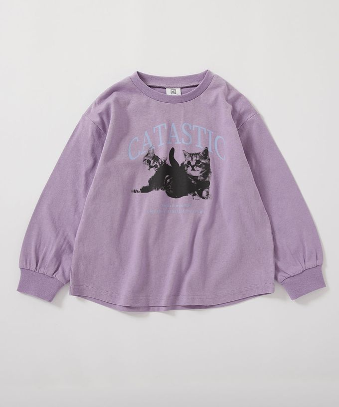 日本 devirock - 100%棉 定番女孩印花長袖上衣-蝴蝶結-灰粉