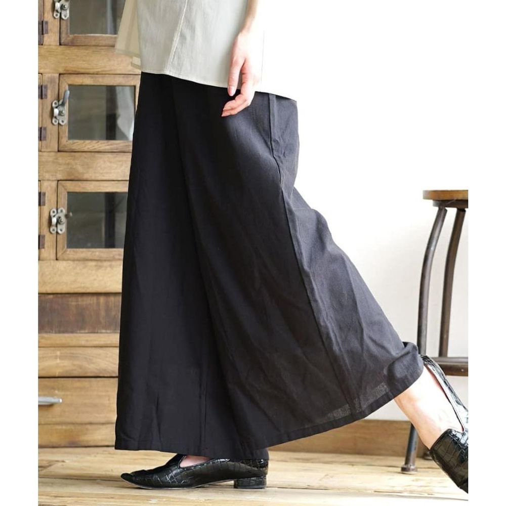日本 zootie - 純棉仿麻布材質褲頭抓皺設計寬褲-黑