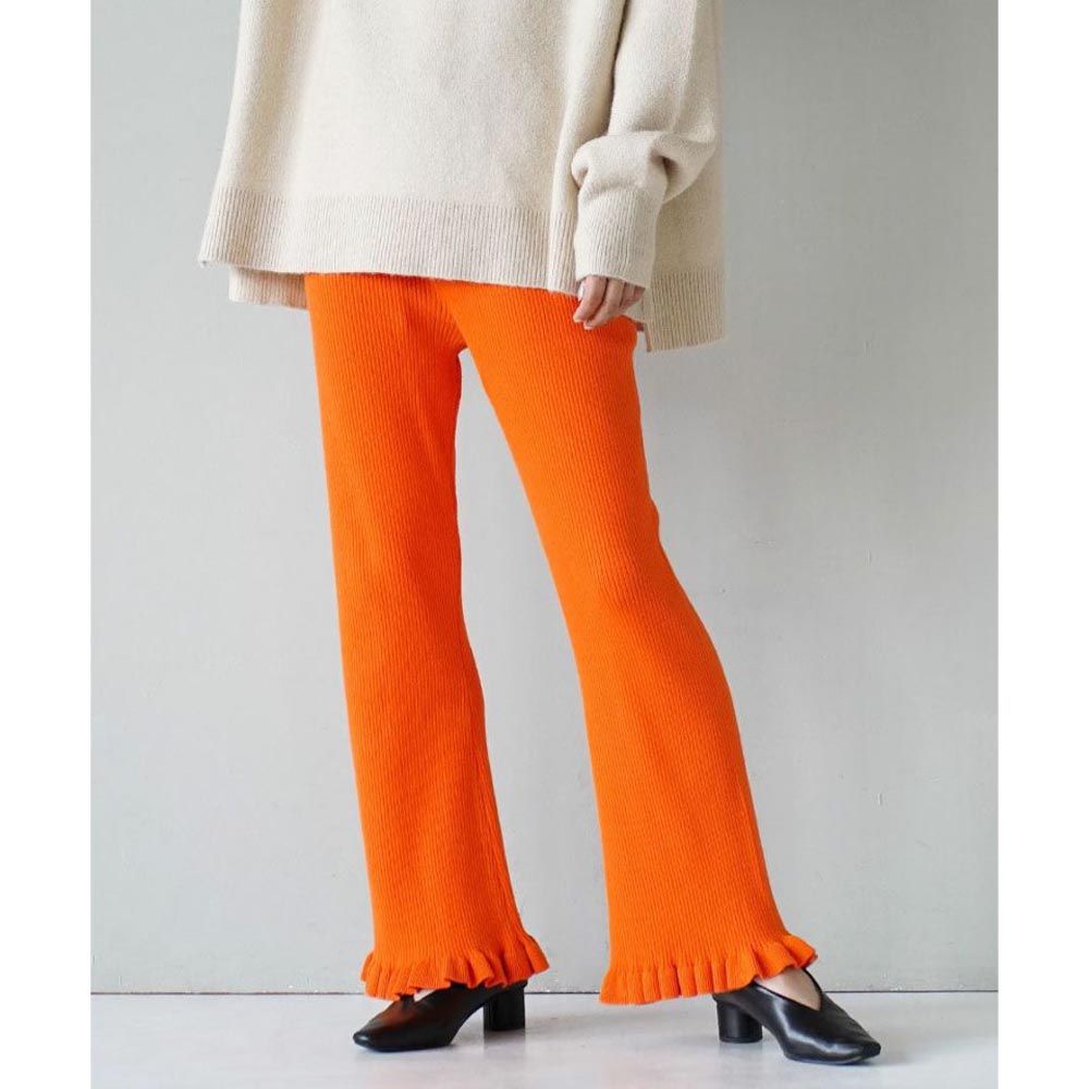 日本 zootie - 垂墜感花朵邊針織寬褲-暖橘